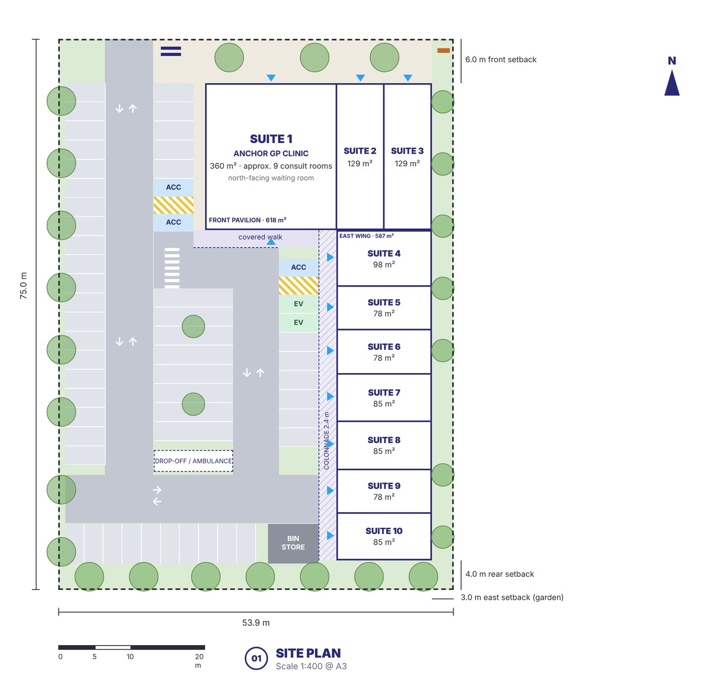 Concept site plan for ten medical consulting suites with an anchor GP clinic, car parking and landscaping