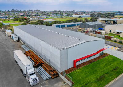 Aerial view of the PAG warehouse and yard, White Rock Road Warrnambool, built by Bolden Constructions