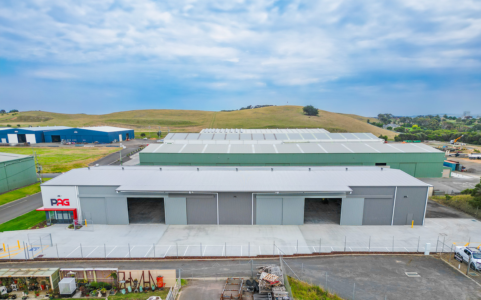 Aerial view of the PAG warehouse and industrial estate, White Rock Road Warrnambool, built by Bolden Constructions